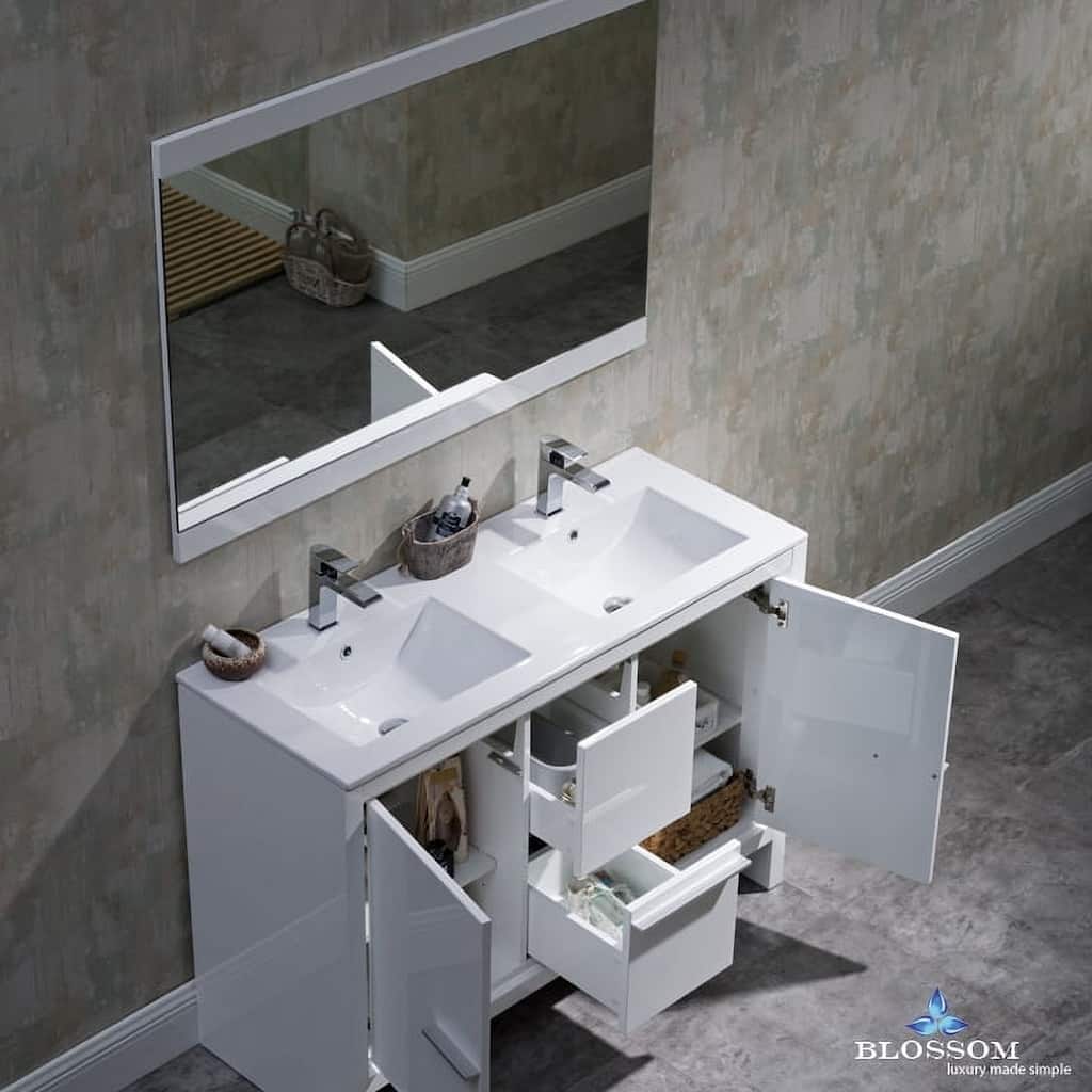 Blossom 48-Inch Double Bathroom Vanity Set with Ceramic Sinks & Mirror