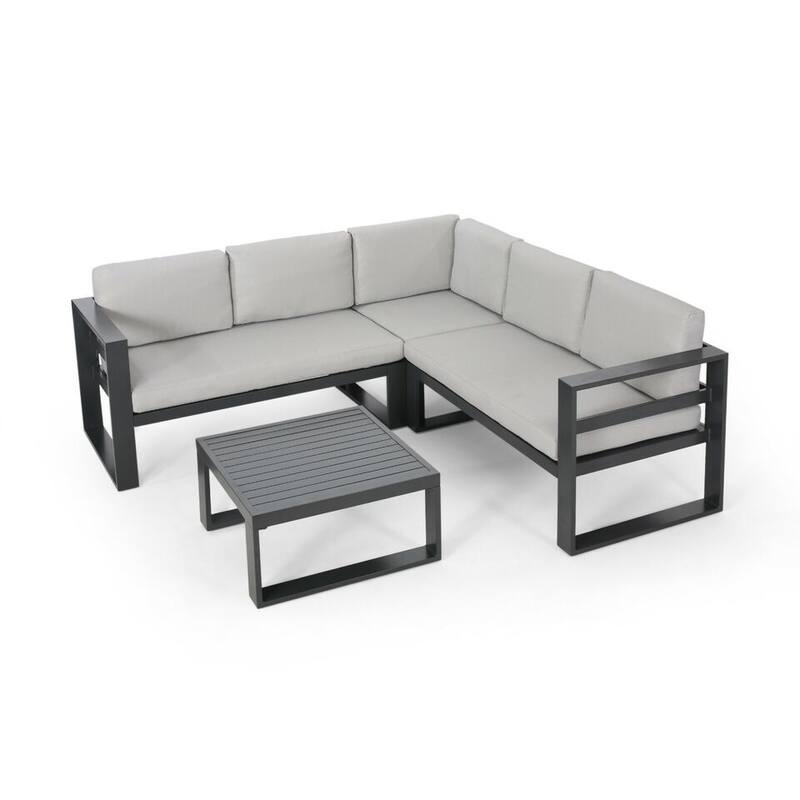 All-Weather Patio Furniture Set Outdoor Aluminum Sectional Sofa Couch with Coffee Table - Beige+Grey