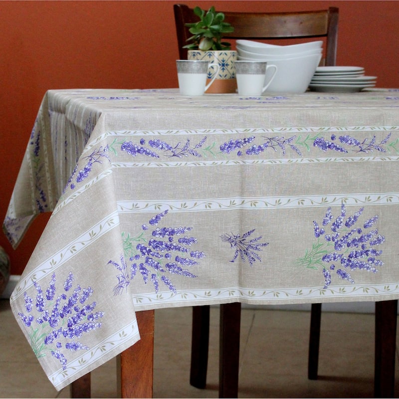 Wipeable Spill Resistant Provencal Cotton Cannes Collection Tablecloth - 60 x 98 in - Taupe Lavender Stripes
