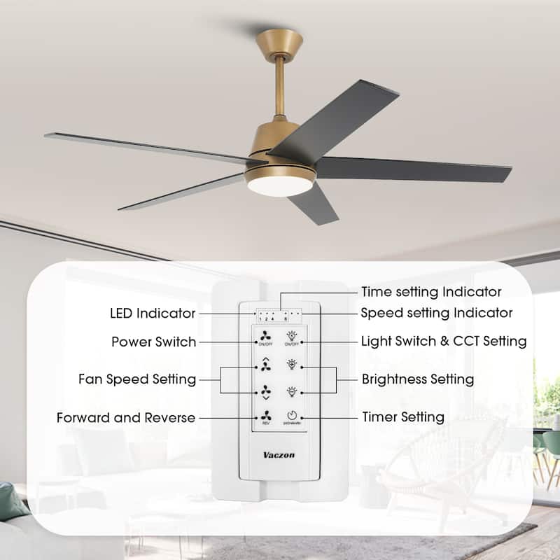 Vaczon 52" Gold Reversible Modern Smart LED Ceiling Fan with Light and App Comtrol