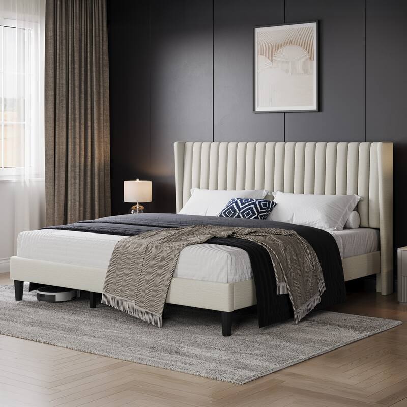 Yaheetech Upholstered Bed Frame with Wing Side Fabric Upholstered Bed with Headboard - Ivory - King