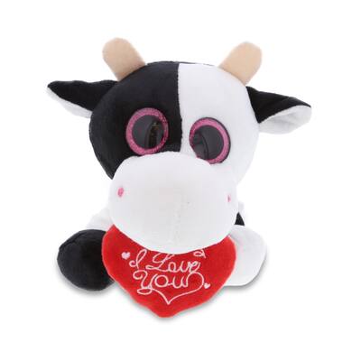 DolliBu I LOVE YOU Plush Sparkling Big Eye Cow – Stuffed Animal with Heart - 6 Inches