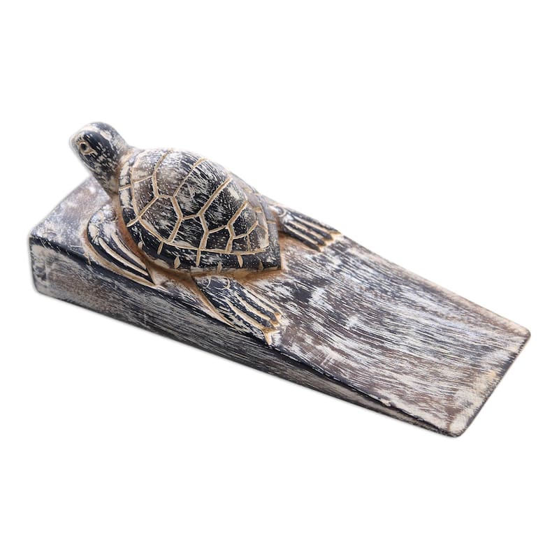 Novica Handmade Whitewashed Baby Turtle Wood Door Stopper - 2" H x 6.5" W x 2.4" D