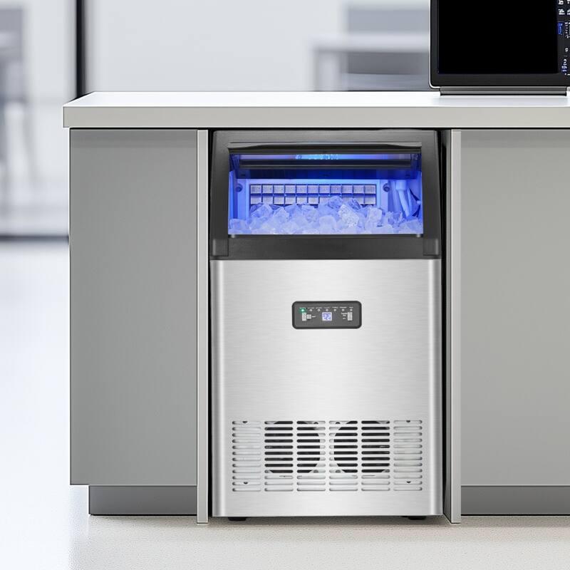 Silver Black Stainless Steel Commercial Ice Maker with 130 lbs Daily Output and Auto Cleaning - 17.1 x 16.1 x 31.5 in
