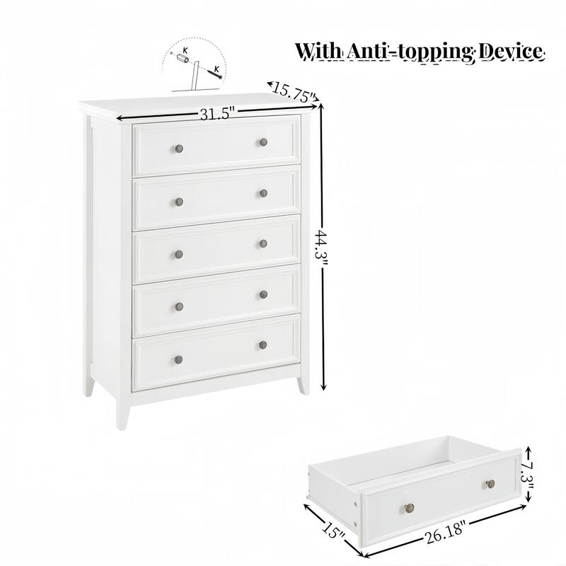 Farmhouse 5-Drawer Dresser with Smooth Metal Rails & Anti-Tipping Mechanism for Bedroom Storage
