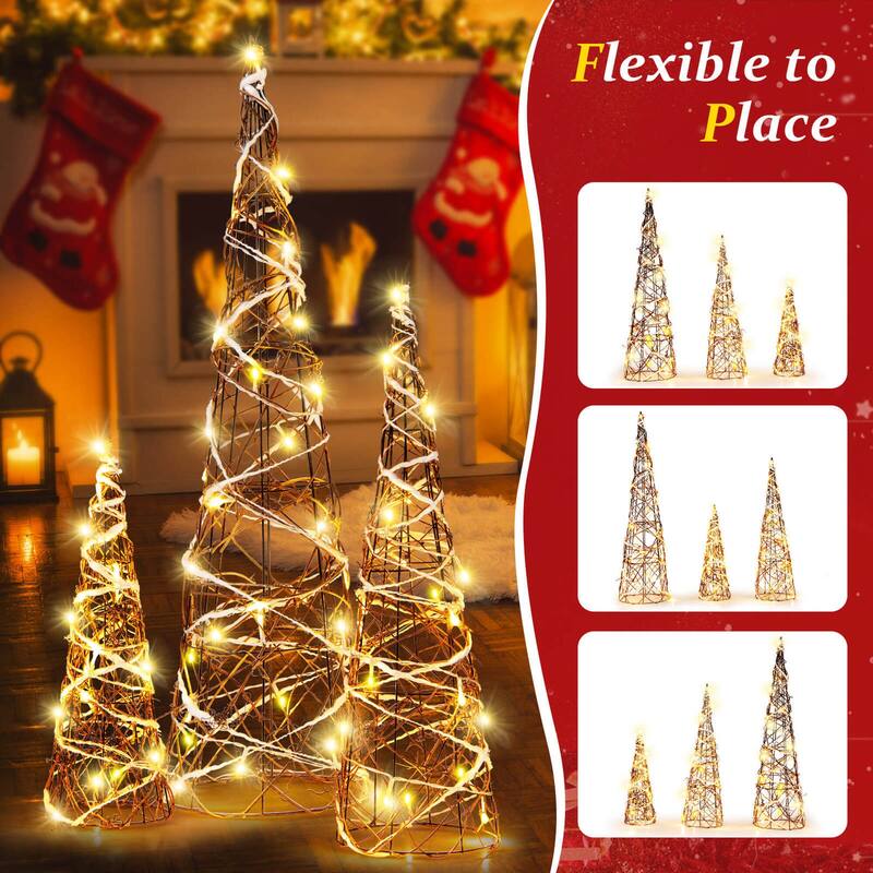 Costway 32" 24" 16" Set of 3 Lighted Rattan Cone Trees with LED Lights - Brown - See Details