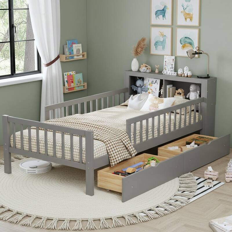 Twin Size Bed with Headboard Storage Rack by Harper&Bright Designs