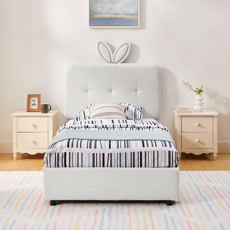 Kids Boucle Upholstered Bed with Rabbit Ear Headboard, LED Music Sync & 4 Drawers - Beige - Twin