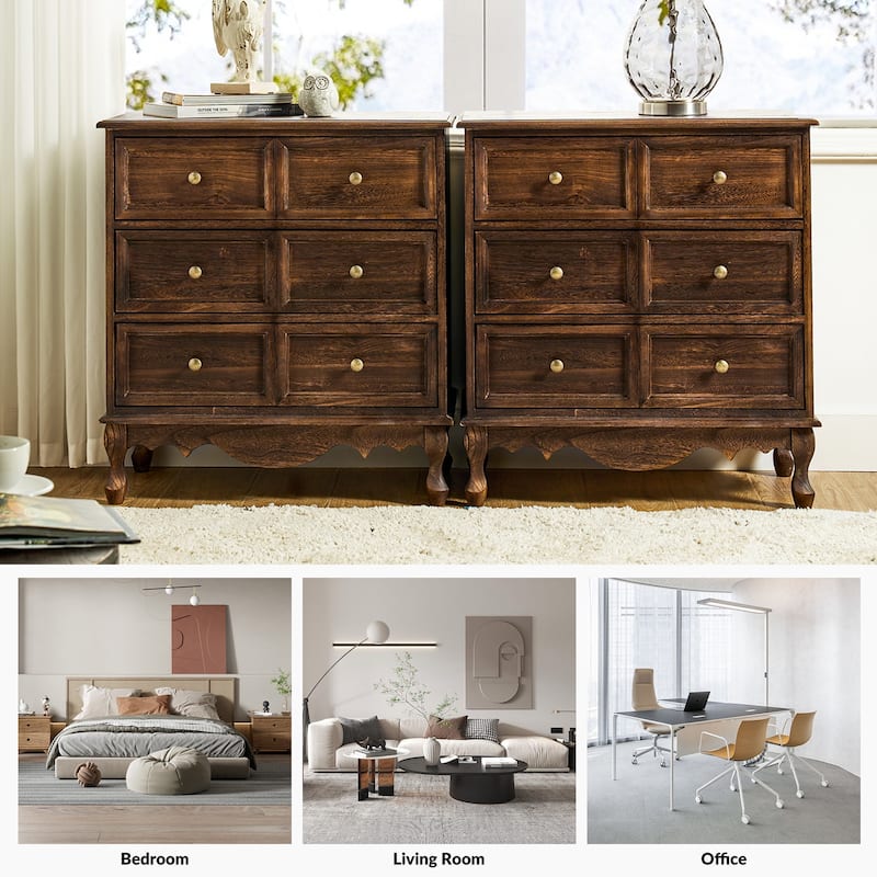 Pallantium Farmhouse 30"Tall Distressed 3-Drawer Nightstand With Solid Wood Legs and Adjustable Feet Set Of 2 by HULALA HOME