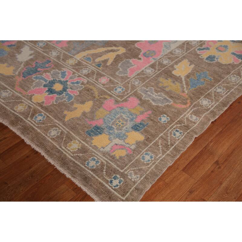 Hand Knotted Oriental 100% Wool Carpet Transitional All-Over Brown Oushak Area Rug - 12' 8'' X 8' 11''