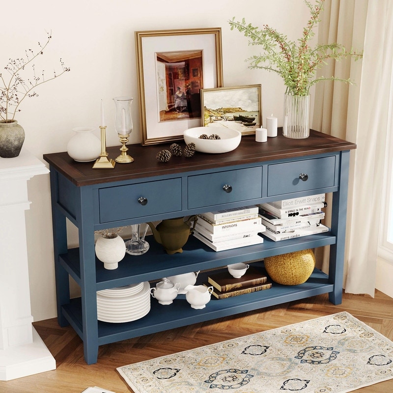 Retro Design Console Table - Pine Solid Wood Frame with Two Open Shelves