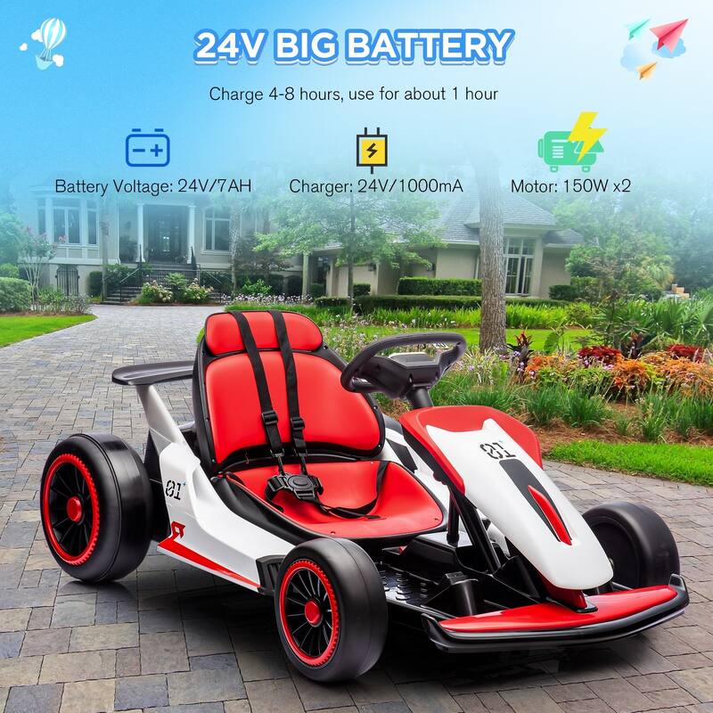 EROMMY 12V 7AH Battery Powered Kids Go Kart with Slow Start Function, with Two Motors Two Speed and Foot Pedal