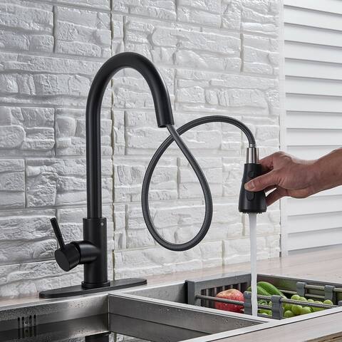 Matte Black Pull Out Spray Kitchen Sink Faucet Commercial Swivel Tap W/Plate - 7'9" x 10'10"