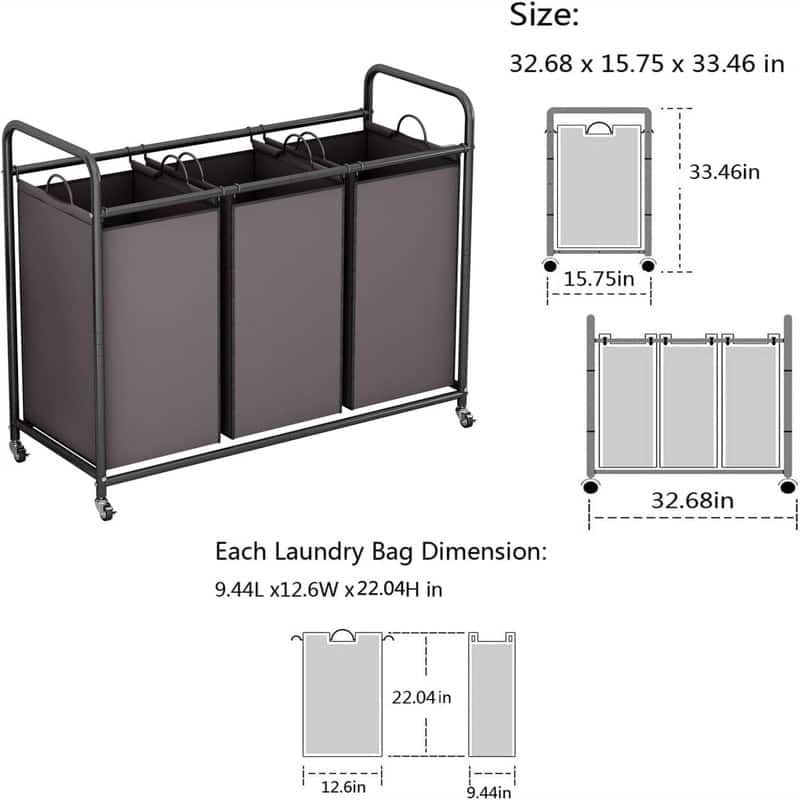 3Bag Laundry Basket Hamper Laundry - 33.46"L x 15.75"W x 32.68"H