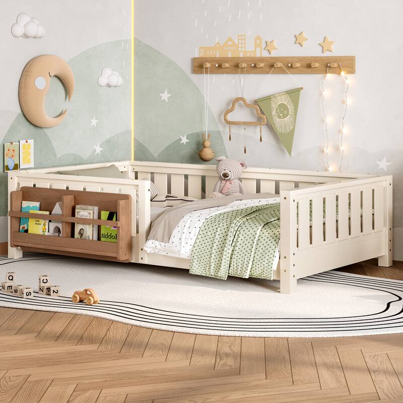 Montessori Floor Bed Low Profile Kids Bed with Rails & Bookshelf