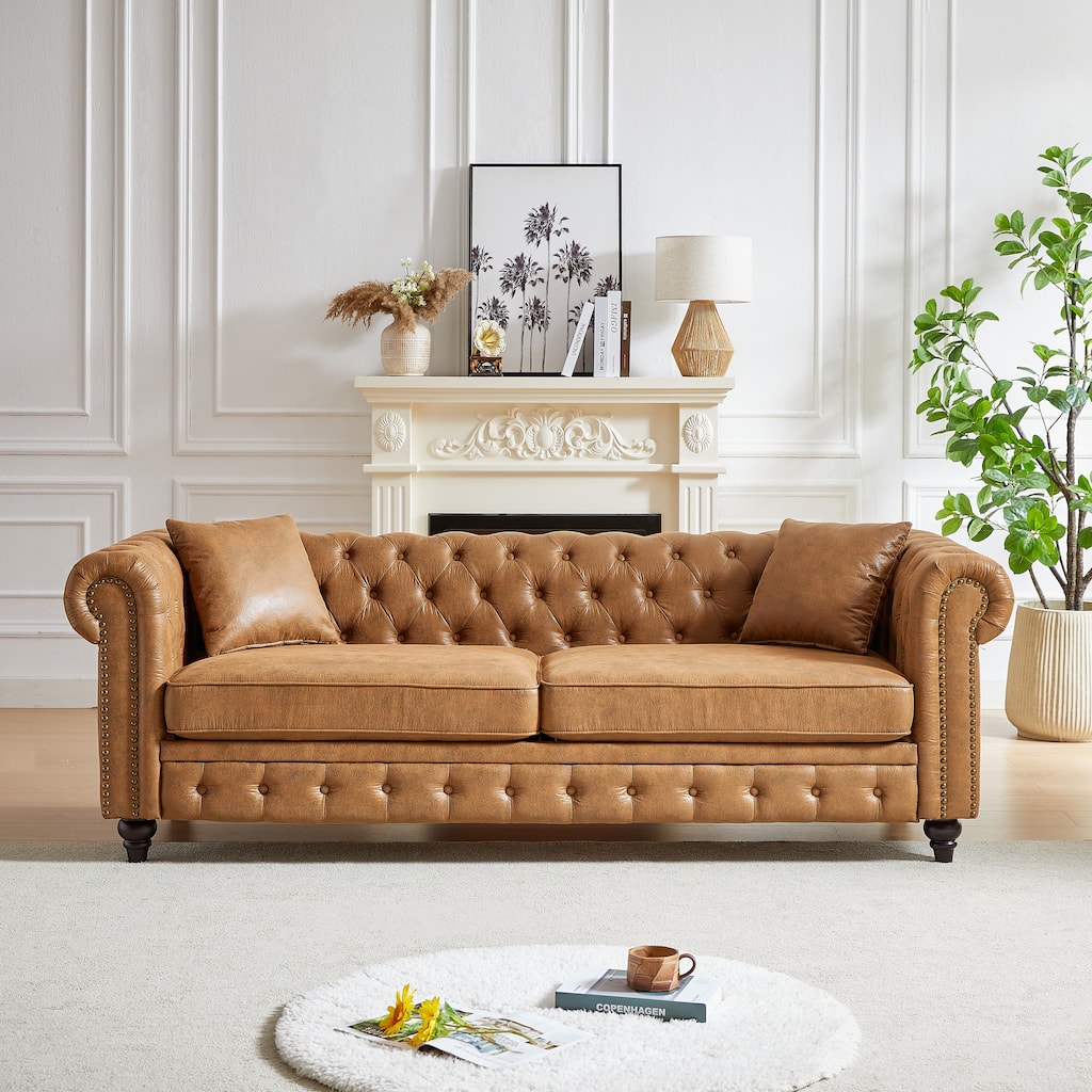Tech Leather Chesterfield Sofa with Button Tufted and Nailheads Accent