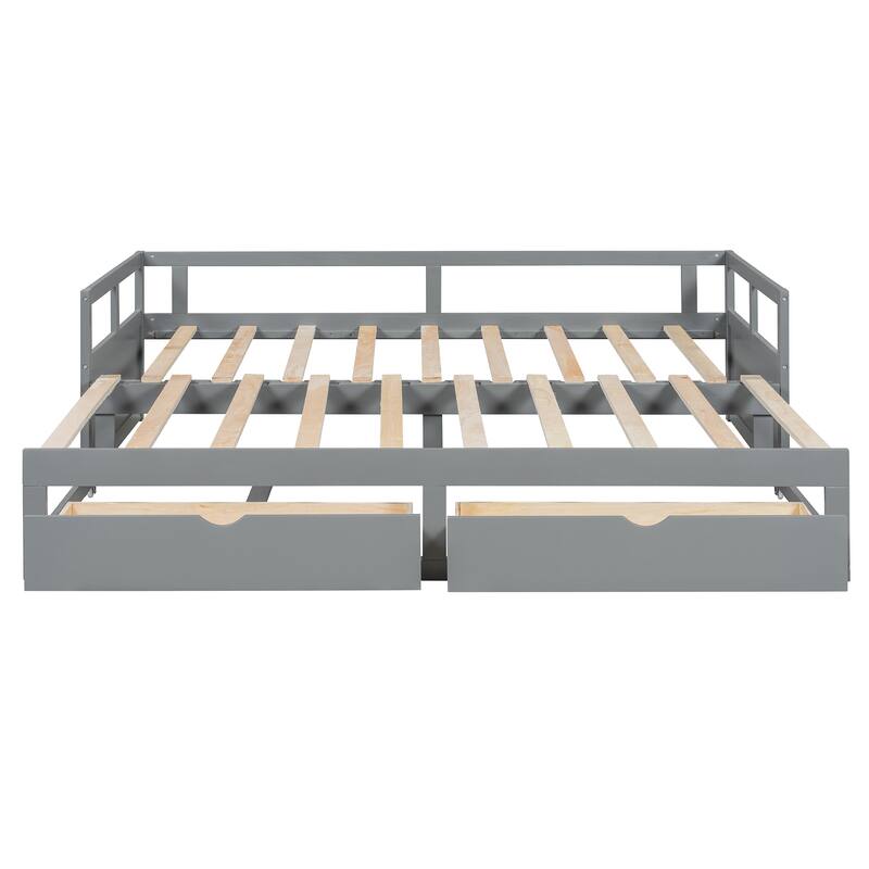 Pine Wood Daybed with Pull-Out Trundle and Two Storage Drawers, Twin to King