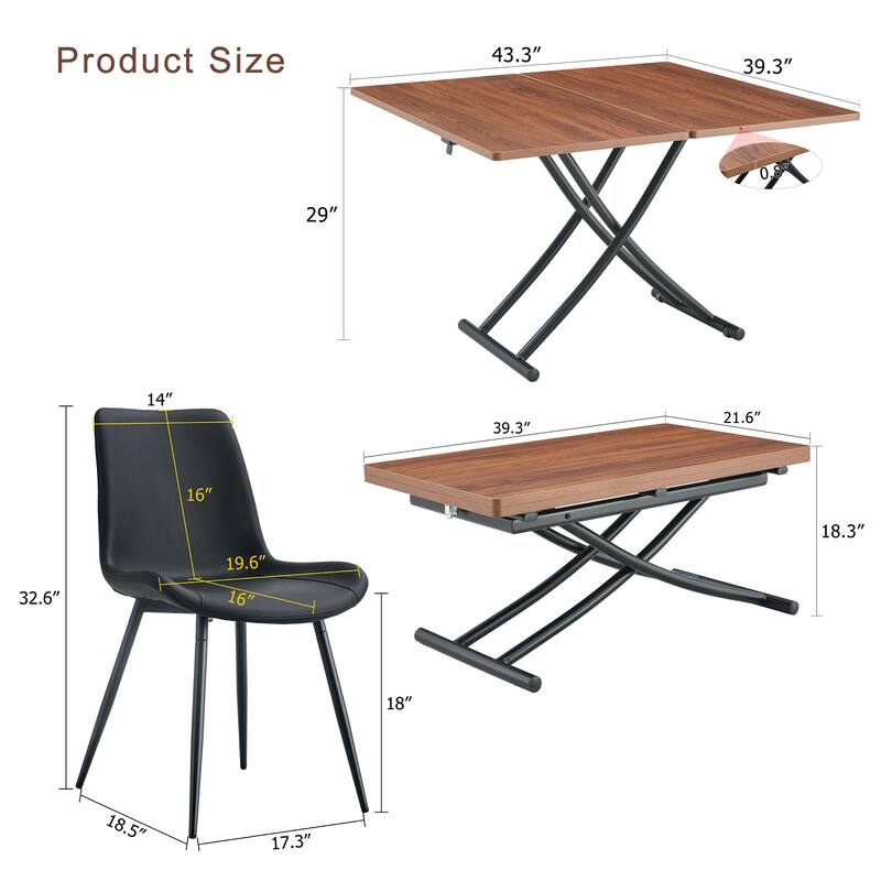 Table and chair set.Modern Multifunctional Lifting Platform, Paired with 4 Black Artificial PU Chairs