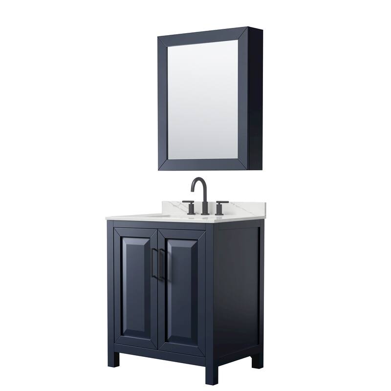Daria 30-inch Single Vanity, 3 Hole Quartz Top, Med Cabinet - Dark Blue, Black Trim, Giotto Quartz Top