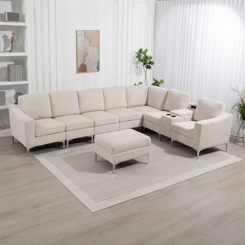 129.14" Corduroy Modular Sectional Sofa with Ottoman