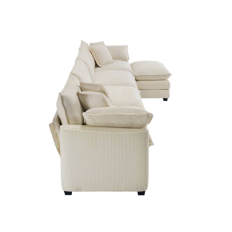 Beige 150" Corduroy Cloud L-Shaped Sectional Sofa with Removable Ottoman
