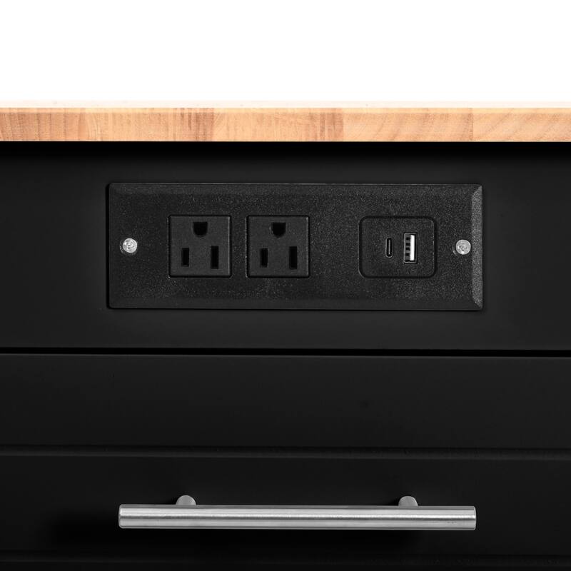 Fluted Kitchen Island with Trash Can Storage Cabinet,Power Outlet, Rolling Islands on 5 Wheels with 3 Drawer,3 Open Side Racks