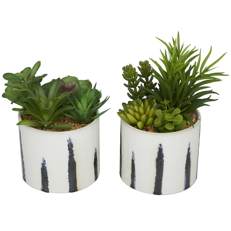 Green Faux Foliage Succulents Artificial Plant with Realistic Leaves and Patterned Porcelain Pot (Set of 4 or 2)