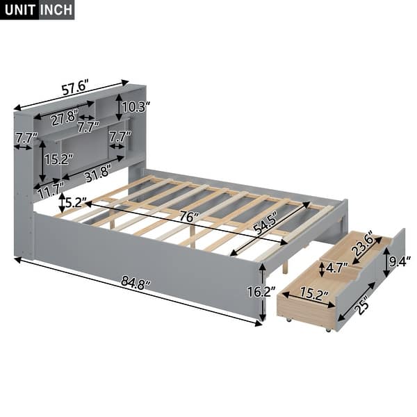 dimension image slide 1 of 2, Full Size Platform Bed with Storage Headboard and 2-Drawers, Grey