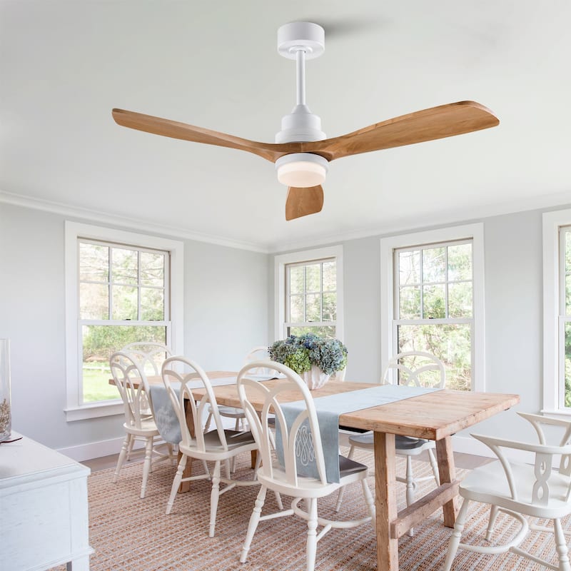 52 Inch Modern Ceiling Fan with LED Light, 3 Solid Wood Blades, Remote Control (3-Color Dimmable & Reversible)