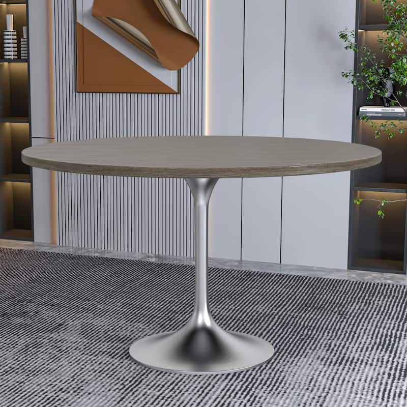 LeisureMod Verve 48" Round Dining Table with MDF Wood TableTop and Brushed Chrome Base for Kitchen & Dining Room