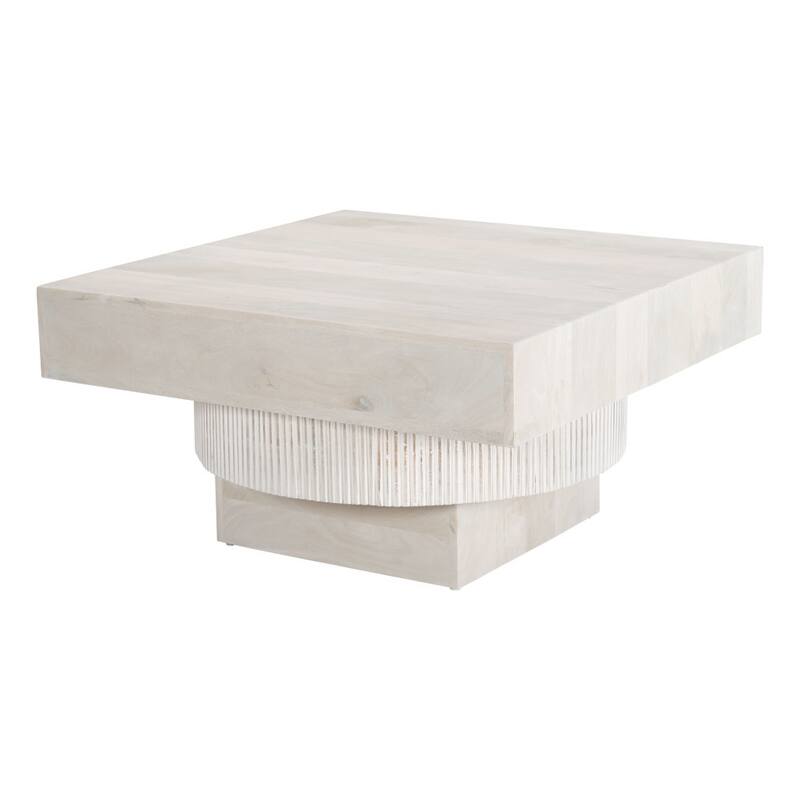 HomeRoots 36" Natural White Solid Wood Square Geo Pedestal Coffee Table - 36.00 in. x 17.70 in. x 36.00 in.