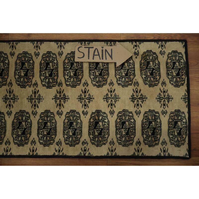 Hand Knotted Oriental 100% Wool Carpet Traditional Geometric Beige & Ivories Bokhara Runner Rug - 7' 4'' X 1' 6''