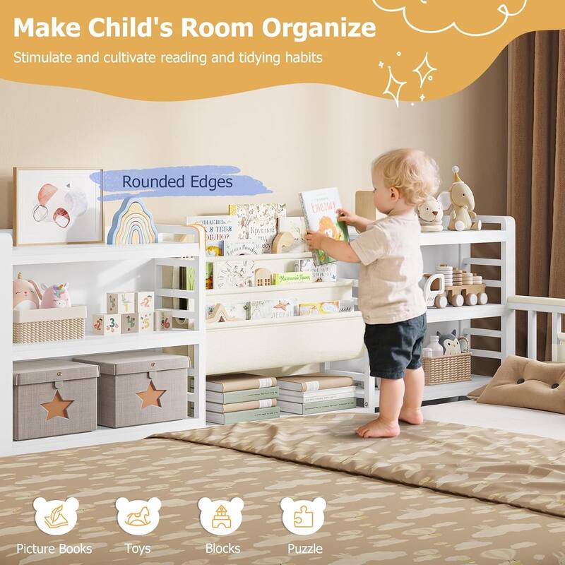 Twin Floor Bed for Kids with High Fence Door Storage Bookcase & Shelf