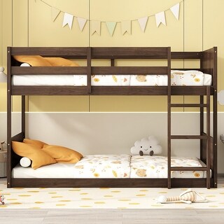 Twin over Twin Floor Bunk Bed with Panelled Headboard and Footboard, Solid Rubber Wood Foundation with Safety Guardrails