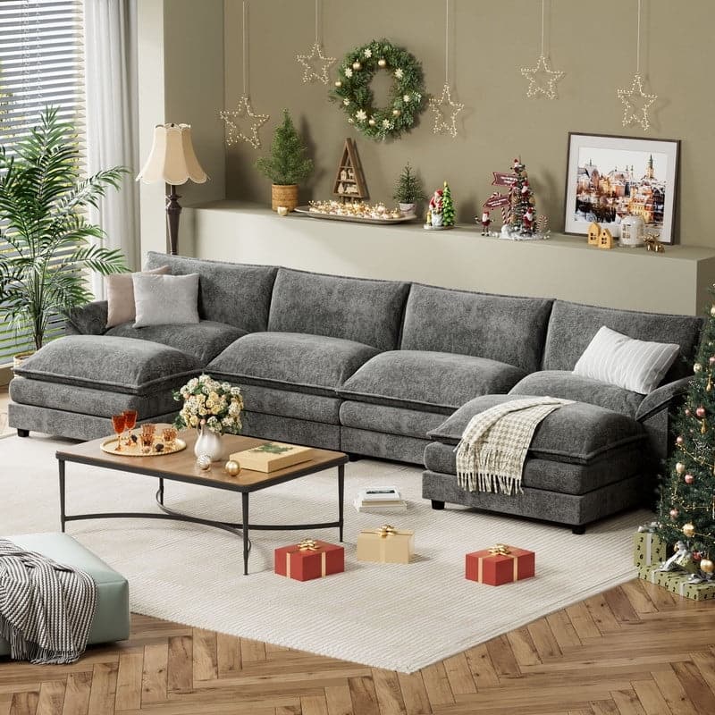 Furniwell 4 Seats U-Shaped Sectional Sofa with 2 Movable Ottomans Modern Fabric Convertible Modular Couch for Living Room