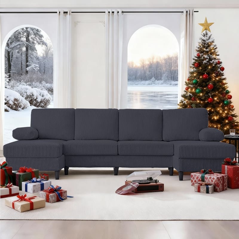 Mixoy W110"U-Shaped Sectional Sofa Couches with Double Chaises and Sleepable Armrests,Corduroy Upholstered 4-Seater Sofa