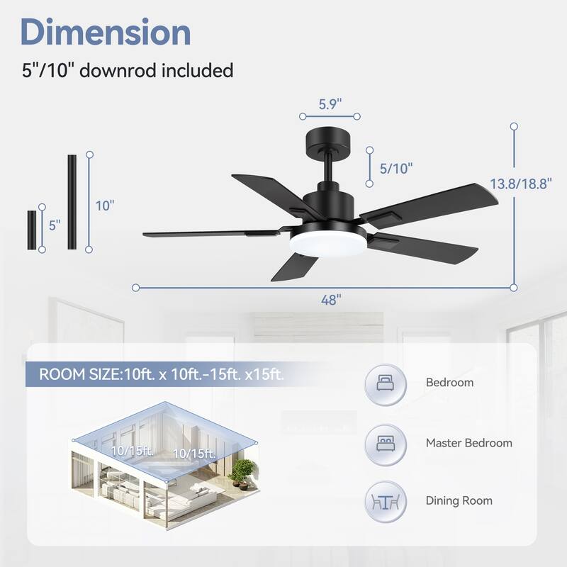 48"/52"/60" Modern Black LED Ceiling Fan with Light Remote (5/6 Reversible Blades)