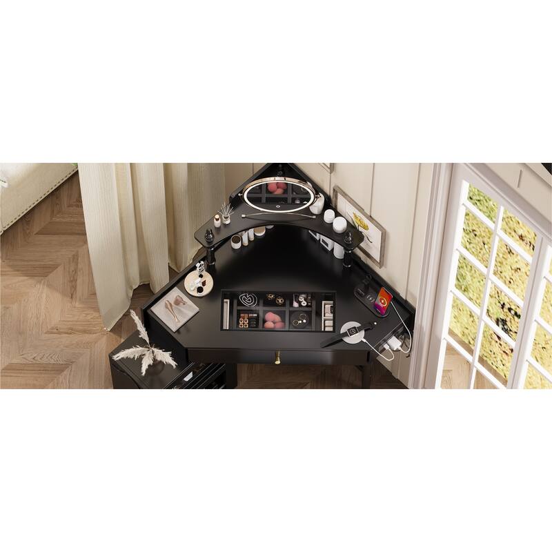 Rossetta Corner Glass Tabletop Vanity Desk Set with Removable Pull-Out Side Cabinet and Charging Station, Matching Stool