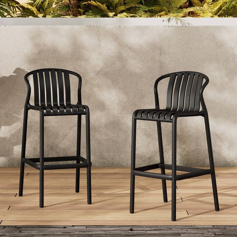 Set of 2 All-Weather Outdoor Bar Stools, 29.5"H Black Perforated Slat Back - Patio, Poolside & Kitchen Island