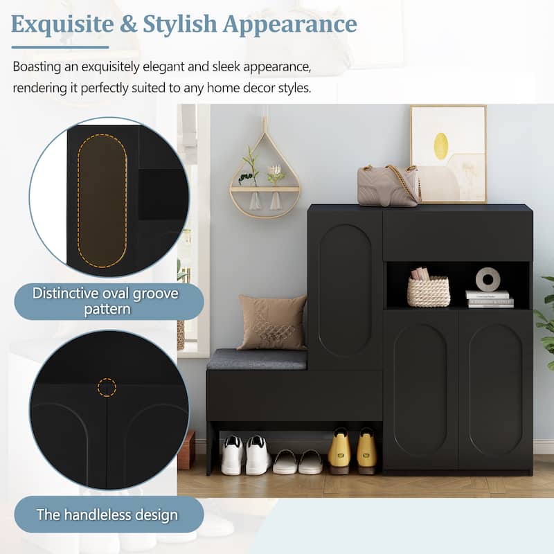 2-in-1 Shoe Cabinet Bench with Cushion, Arched Doors, Adjustable Shelves, Rebound Hinges, 51.1" Wide Entryway Organizer