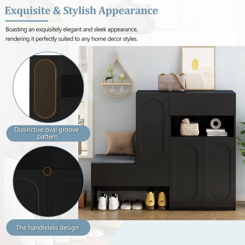 2-in-1 Shoe Cabinets with Soft Cushion, Modern Storage Bench with Arched Doors,Shoe Rack Organizer with Adjustable Shelves