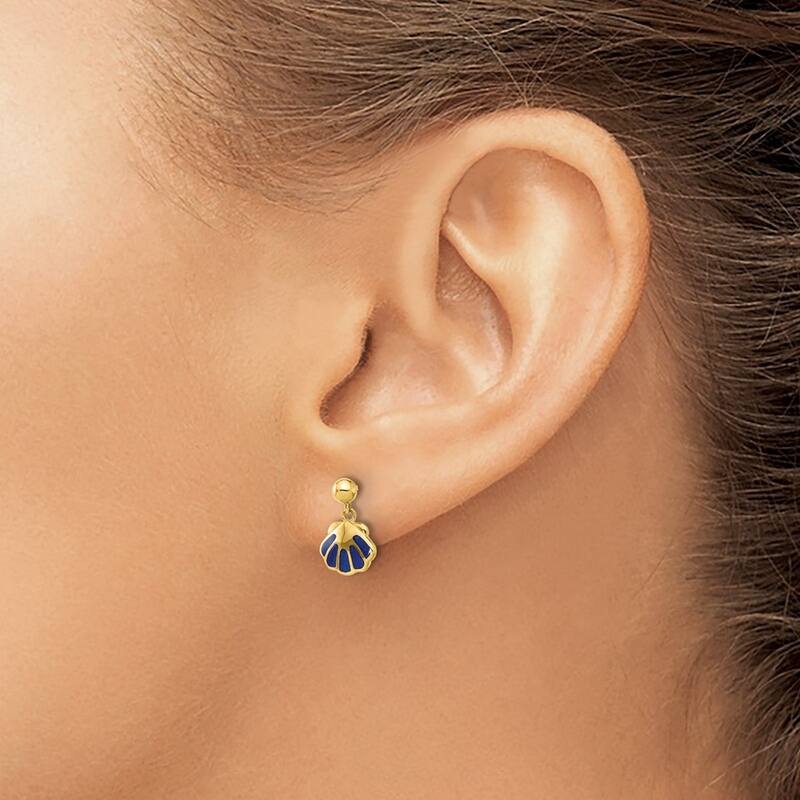 Curata 14k Yellow Gold Polished Blue Enameled Shell Post Guardian Angel Earrings - 11.3x8mm