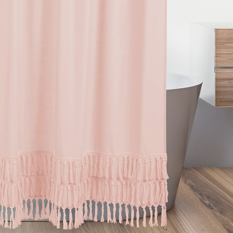 Pink Boho Bohemian Bathroom Fabric Bath Shower Curtain - Solid Blush Shabby Chic Princess Luxurious Luxury Elegant Tassel Fringe