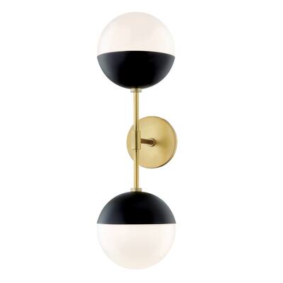 Mitzi by Hudson Valley Renee 2-light Aged Brass and Black Straight Wall Sconce, Opal Glossy Glass