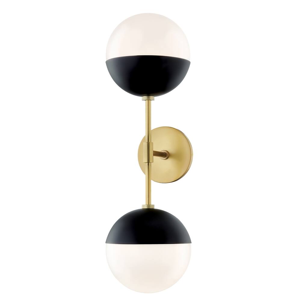 Mitzi by Hudson Valley Renee 2-light Aged Brass and Black Straight Wall Sconce, Opal Glossy Glass
