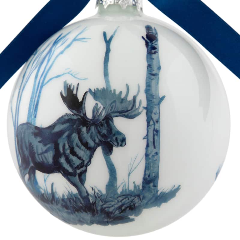 Moose Glass Christmas Ball Ornament - 4" - White and Blue