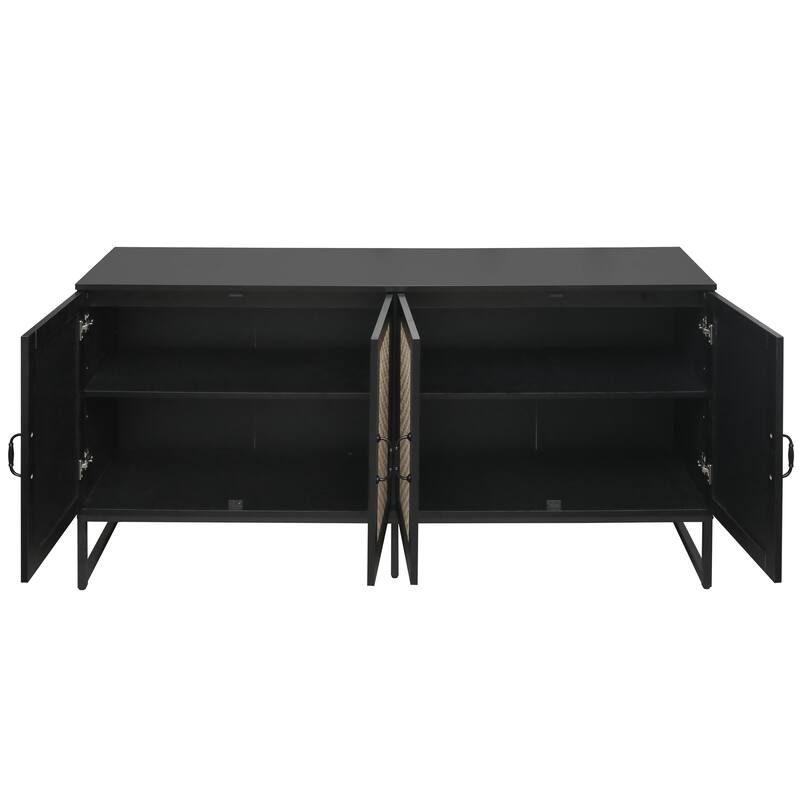 Engineered Rattan Buffet Accent Storage Cabinet 4-Door Sideboard with Adjustable Shelf, Cupboard Console Table Hallway Cabinet