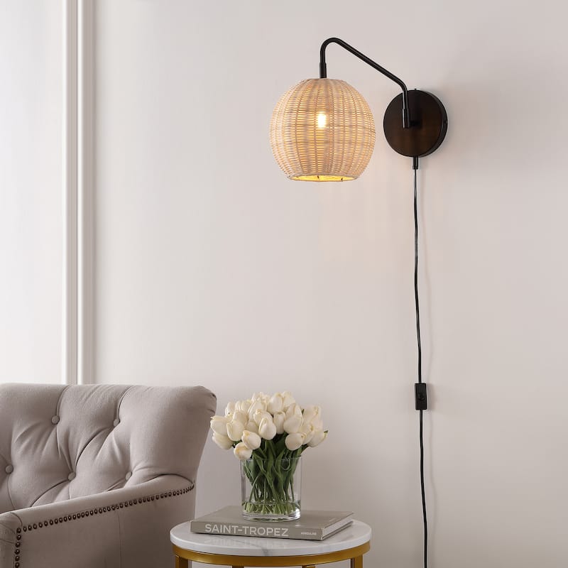 SAFAVIEH Lighting Grigory Wall Sconce (Set of 2) - Black/Natural Rattan - 9"W x 15"D x 12"H