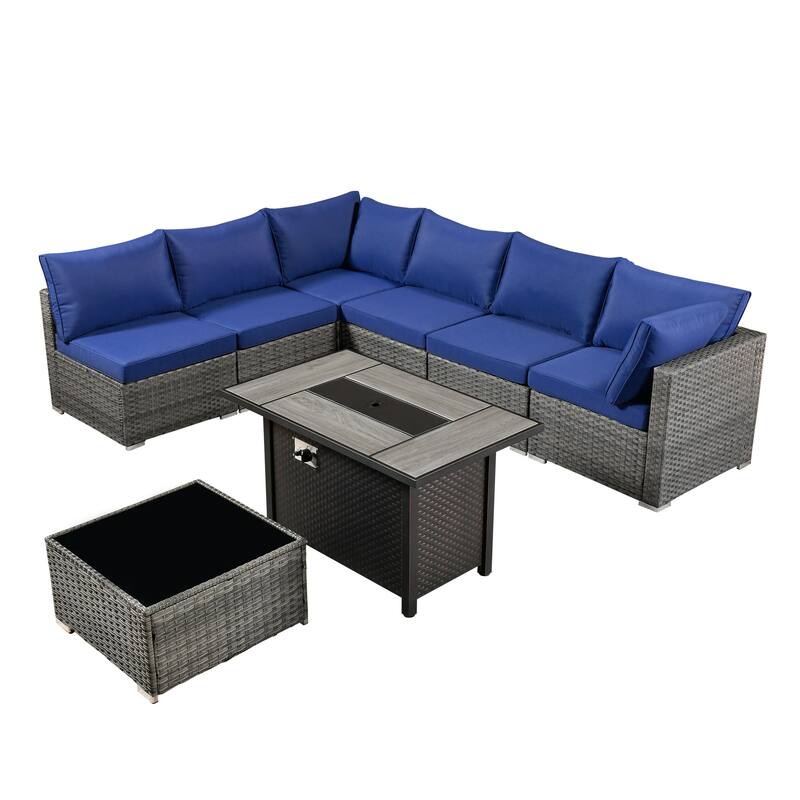 HOOOWOOO 8-piece Grey Wicker Patio Furniture Set Sectional Sofa with Fire Pit Table