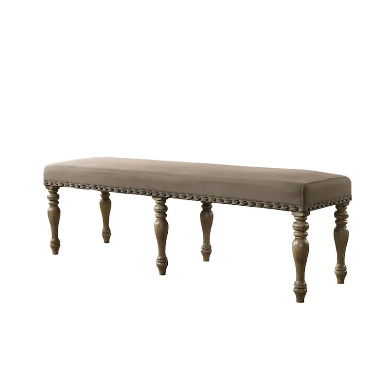 Microfiber Upholstered Bench with Nail Head Trim in Driftwood Finish